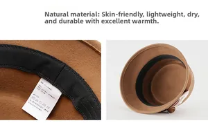 Detail of wool fedora showing 100% wool texture, satin bow, and adjustable inner strap