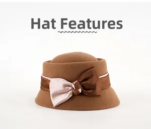 Detailed view of the bow decoration on a brown wool fedora with elegant satin ribbons