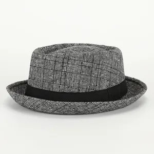Vintage British Style Plaid Fedora Hat For Men Women Cotton Polyester Blend Woven Grid Jazz Hat With Black Ribbon Band