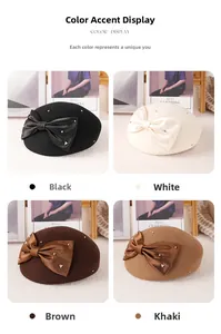 Detail view of wool berets in four colors featuring satin bows and rhinestone accents