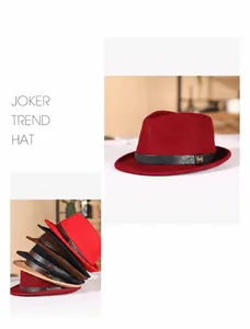 Detail view of colorful wool fedora hats with leather bands and metallic M emblem
