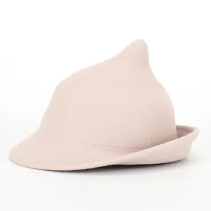 Light pink wool wizard hat with a pointed crown and rolled brim for Halloween styling