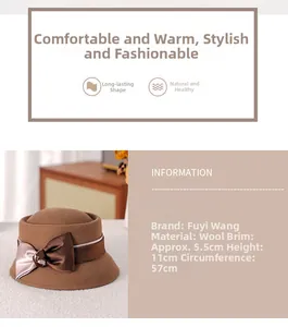 Detail of wool felt hat showing 5.5cm brim and elegant brown satin bow decoration