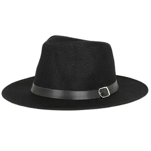 Classic black linen fedora hat for men with breathable mesh and leather buckle band