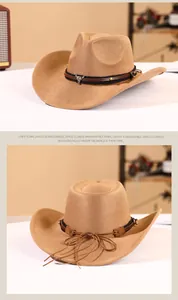 Detail of khaki suede cowboy hat with brown leather band and silver bull head emblem