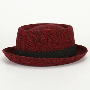 Classic British vintage dark red plaid fedora hat with black decorative band for men