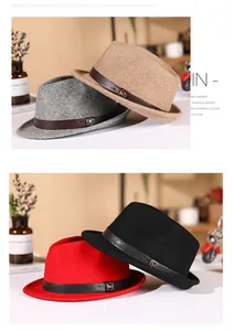 Detail of wool fedora hats featuring leather bands and metallic M emblem in multiple colors