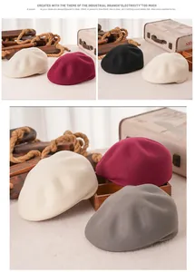 Detail view of retro wool beret hats in four classic colors on a vintage background