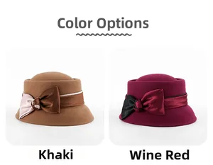 Detail view of khaki and wine red wool felt hats with elegant satin bow decorations