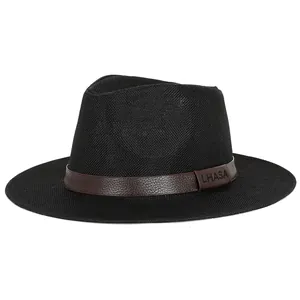 Men's black linen Panama hat with a stylish brown leather band for summer sun protection