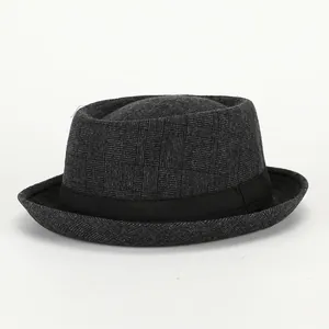 Classic British style dark grey checkered fedora hat with black ribbon for men