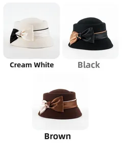 French wool cloche hat details in creamy white, black, and brown with satin bows