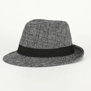 Classic British plaid fedora hat for men with black band and monochrome checkered pattern