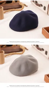 Detailed texture of navy and grey wool beret hats on a vintage luggage background