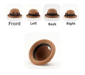Dettagli cappello cloche in lana marrone con viste frontali, laterali e struttura interna