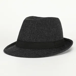 Classic British plaid fedora hat for men featuring a textured grey weave and black ribbon