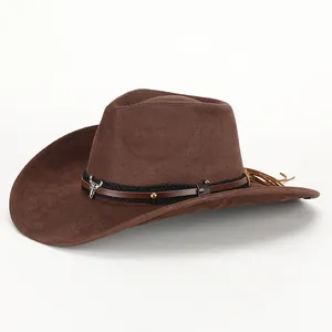 Brown suede cowboy hat with a wide brim and silver bull skull metal decoration