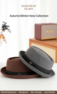 Detail of wool fedora hats with black ribbed ribbon and FYW metal logo on side
