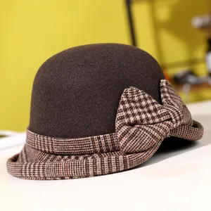 Elegant dark brown wool cloche hat for women with a vintage plaid bow detail