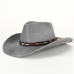 Grey felt western cowboy hat with wide brim featuring a vintage bull skull leather band