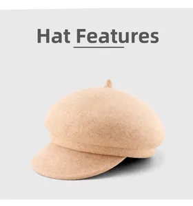Detail van de gestructureerde beige wollen stof en korte klep van de baretpet voor dames