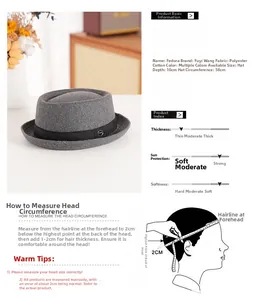 Detail view of grey wool felt bowler hat with black ribbon and size specifications