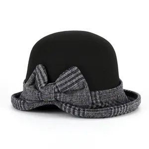 Elegant black wool cloche hat for women with grey plaid bow and vintage round brim style