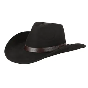 Classic black wide brim western cowboy hat with brown LHASA embossed leather strap