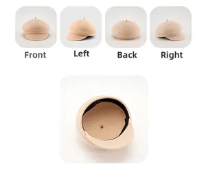Detailoverzicht van beige wollen baret met voor-, achter-, zijprofielen en zweetband