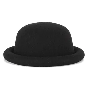 Classic black wool felt bowler hat with round crown and curled brim on white background