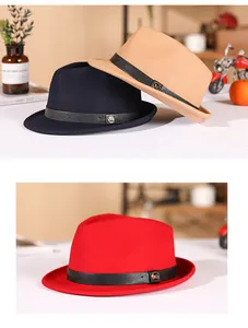 Detail of wool fedora hats featuring a leather band and metal M logo in various colors