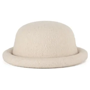 Minimalist wool knit round top bucket hat with rolled edge in creamy white for women