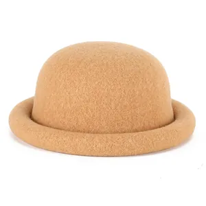 Minimalist light brown wool felt dome hat with rolled edge for women stylish winter headwear