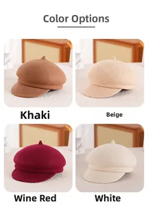 Detailoverzicht van wollen baretmutsen in kaki, beige, wijnrood en wit voor herfst-winter