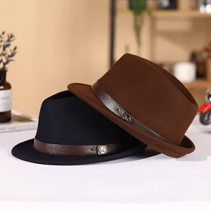 Classic wool felt fedora hats in black and brown with leather straps and gold metal M logo