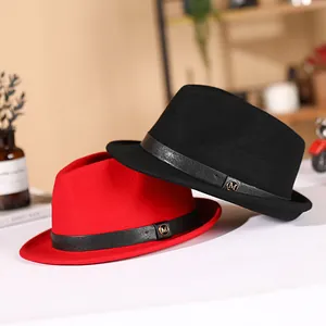 Classic wool fedora hat with leather band and metal M buckle in black and red