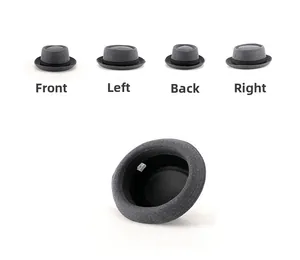 Multi-angle views of a grey wool pork pie hat with black ribbon and rolled brim