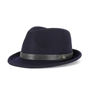 Classic dark blue wool felt fedora hat featuring a black leather band and M logo accent