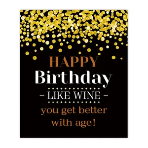 Set of 4 funny wine bottle labels with gold sparkles and birthday theme greeting