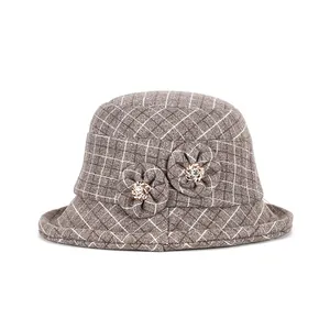 Elegant coffee brown wool fedora with white checkered pattern and floral metal decoration
