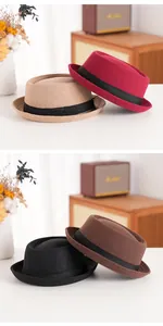 Detail of wool pork pie hats in khaki, burgundy, black, and coffee with grosgrain ribbons