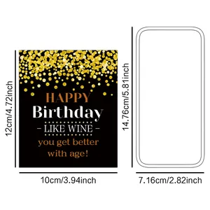 4-pack Happy Birthday wine bottle labels with gold glitter design and size specifications