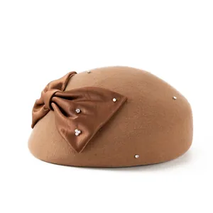 Brown wool beret with satin bow, faux pearls and rhinestones for an elegant look