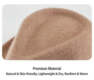 Close-up of premium light brown wool felt texture on a warm winter fedora hat