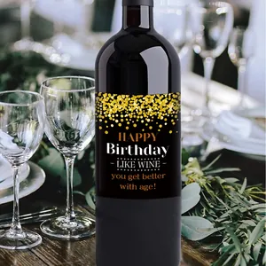Funny happy birthday wine bottle labels with gold sparkles for birthday party decorations
