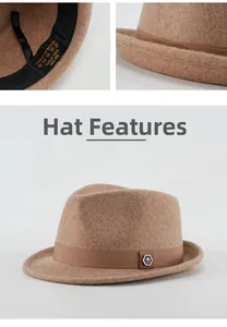 Detail view of 100% pure wool fedora showing material texture and 58cm size label