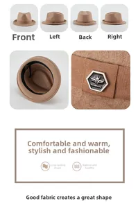 Detail view of brown wool fedora hat showing interior lining and metal logo emblem