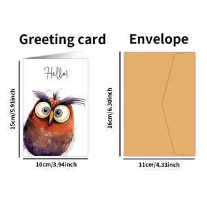 Aquarell-Eulen-Grußkarte und Kraftpapier-Umschlag-Set für Geburtstage mit Hello
