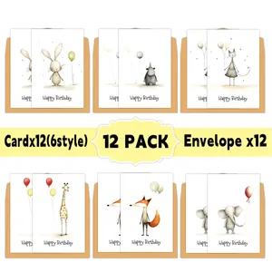 12er Set Aquarell-Tier-Geburtstagskarten mit 6 handgezeichneten Motiven und Umschlägen