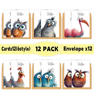 12er Set Aquarell Tier Geburtstagskarten mit lustigen Vogelmotiven und Umschlägen